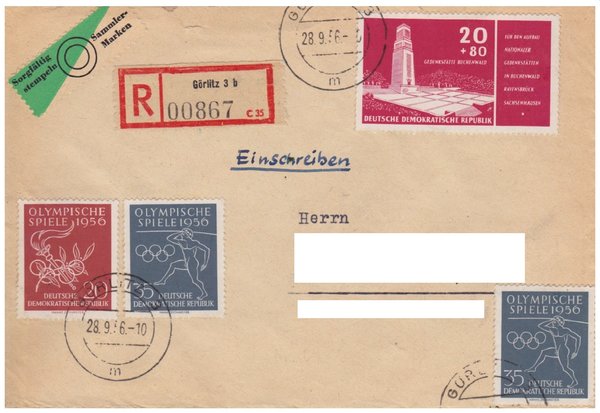 DDR 538, 539 und 2 x 540 Einschreiben-Brief von Görlitz 3b (Ost) - Walsum im Rheinland (West)