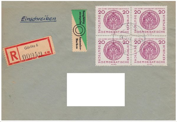 DDR 543 als Viererblock Einschreiben-Brief von Görlitz 6 (Ost) nach Walsum im Rheinland (West)