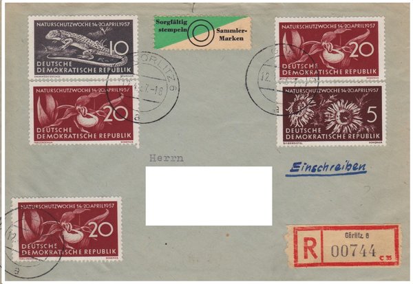 DDR 561, 562 + 3x563 Einschreiben-Brief von Görlitz 6 (Ost) nach Walsum im Rheinland (West)
