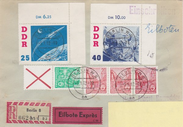 DDR 577A+X, 3x580A, 867, 868 Express-Einschreiben-Brief von Berlin (Ost) nach Duisburg (West)