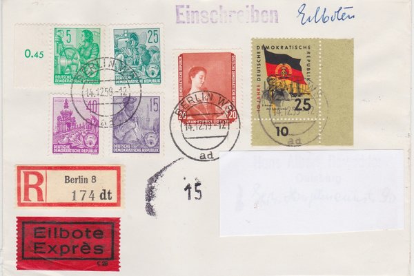 DDR 577A, 579B, 581A, 583A, 695, 726Y Express-Einschreiben-Brief - Berlin W8 nach Duisburg