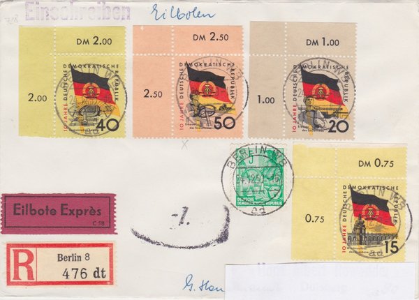 DDR 577A, 724Y, 725Y, 727Y, 728Y Express-Einschreiben-Brief von Berlin W8 (Ost) nach Duisburg (West)