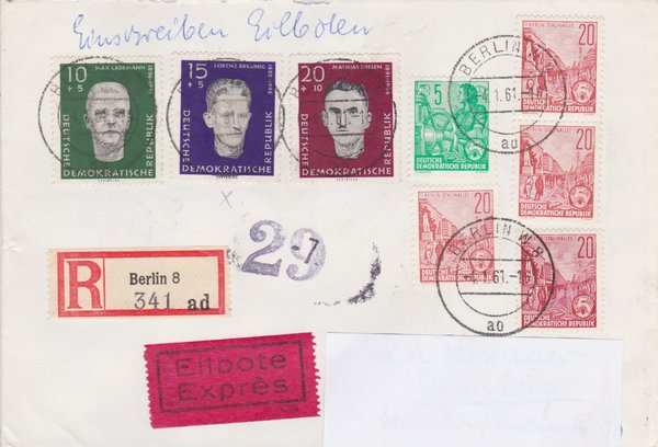 DDR 577A, 3x580A, 1x580B, 765-767 Express-Einschreiben-Brief von Berlin W8 (Ost) - Duisburg (West)