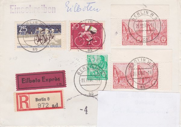 DDR 577A, 580A (4x), 779, 780 Express-Einschreiben-Brief von Berlin W8 (Ost) nach Duisburg (West)