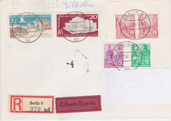 DDR 577A, 580A (2x), 583B, 781, 782 Express-Einschr.-Brief von Berlin W8 (Ost) nach Duisburg (West)