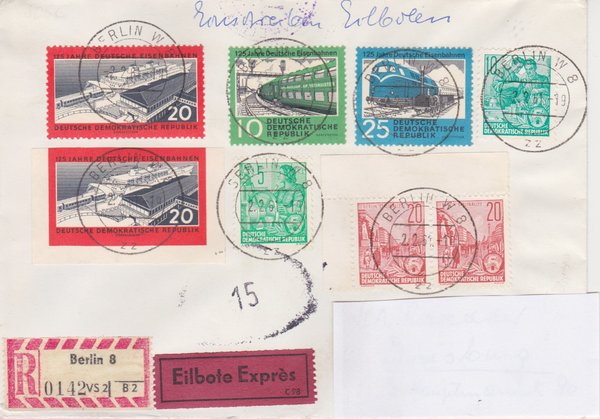 DDR 577A, 2x580A, 805A, 805B, 704 Express-Einschreiben-Brief von Berlin W8 (Ost) - Duisburg (West)