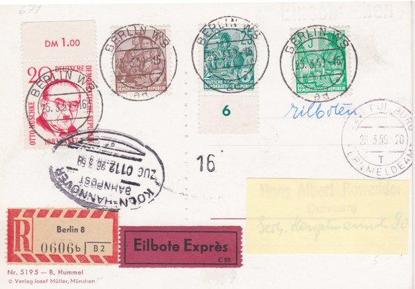 DDR 577A, 581A, 585A, 671 Express-Einschreiben-Postkarte von Berlin W8 (Ost) - Duisburg (West)