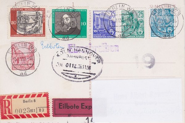 DDR 417, 578A, 580A, 581A, 643, 644 Expr.-Einschr.-Postkarte - Berlin W8 (Ost) - Duisburg (West)