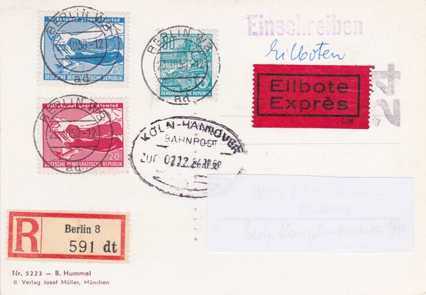 DDR 421, 655, 656 Express-Einschreibe-Postkarte von Berlin W8 (Ost) - Duisburg (West)