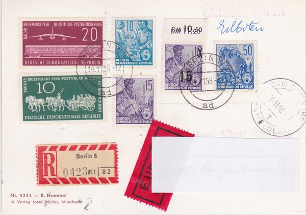 DDR 438, 578A, 579B, 584A, 660, 661 Expr.-Einschr.-Postkarte - Berlin W8 (Ost) - Duisburg (West)