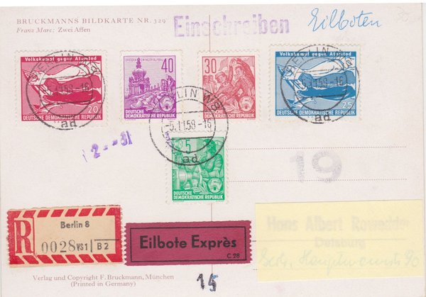 DDR 577A, 582A, 583A, 655, 656 Express-Einschreiben-Postkarte von Berlin W8 (Ost) - Duisburg (West)