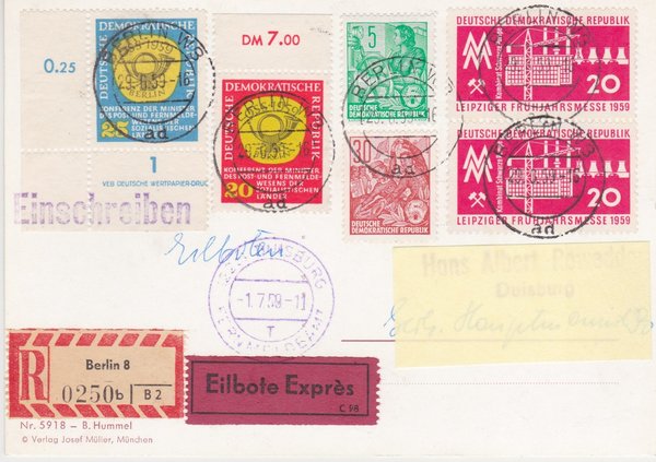DDR 577A, 582B, 678, 686, 687DV, Express-Einschreiben-Postkarte - Berlin W8 (Ost) - Duisburg (West)