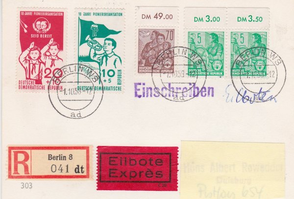 DDR 577A (2x), 585A, 645-646 Express-Einschreiben-Postkarte - Berlin W8 (Ost) - Duisburg (West)