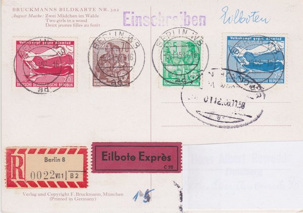 DDR 577A, 585A, 655-656, Express-Einschreiben-Postkarte von Berlin W8 (Ost) - Duisburg (West)