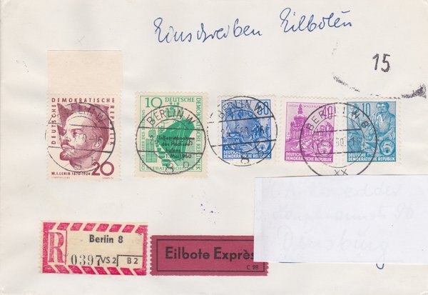 DDR 578A, 583A, 584A, 762, 763 Express-Einschreiben-Brief von Berlin W8 (Ost) nach Duisburg (West)