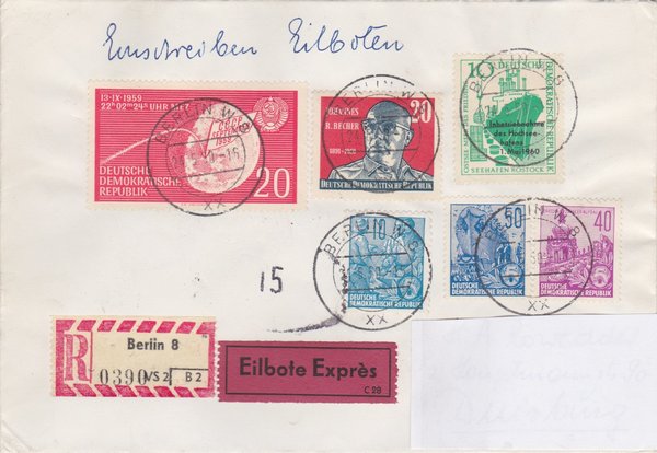 DDR 578A, 583B, 584B, 721, 763 Express-Einschreiben-Brief von Berlin W8 (Ost) nach Duisburg (West)