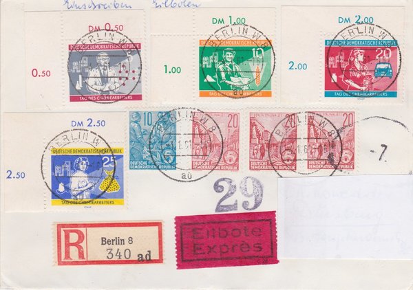 DDR 578A, 3x580A, 800-803 Satz Express-Einschreiben-Brief von Berlin W8 (Ost) nach Duisburg (West)