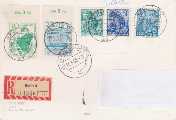 DDR 578A, 581A, 584A, 663, 664 Express-Einschreiben-Postkarte - Berlin W8 (Ost) - Duisburg (West)
