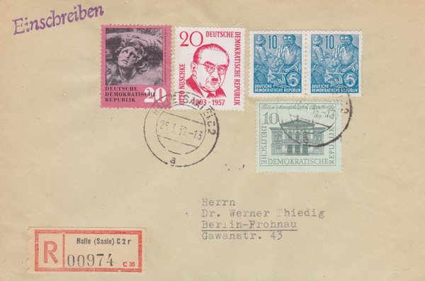 DDR 578A (2x), 668, 671, 676 Einschreiben-Brief von Halle (Saale) (Ost) nach Berlin-Frohnau (West)