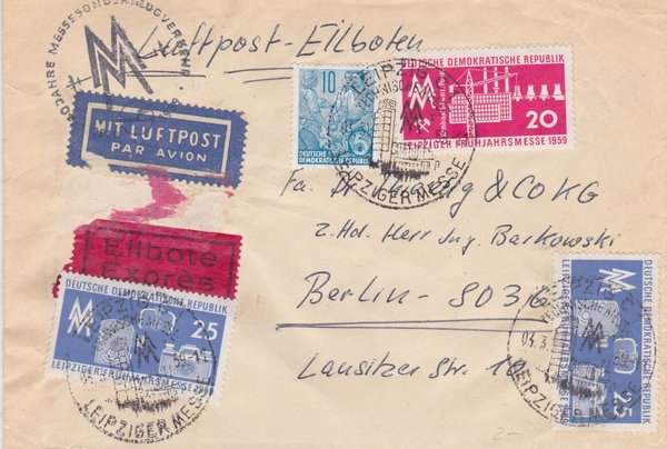 DDR 578A, 678, 2x679 Express-Luftpost-Brief von der Leipziger Messe (Ost) nach Berlin SO36 (West)