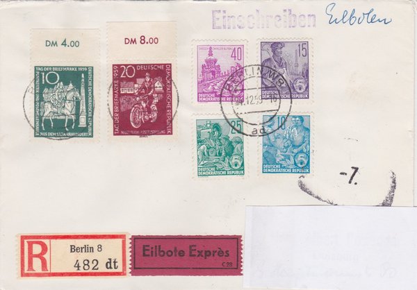 DDR 578A, 579B, 581A, 583A, 735, 736 Expr.-Einschr.-Brief - Berlin W8 (Ost) - Duisburg (West)