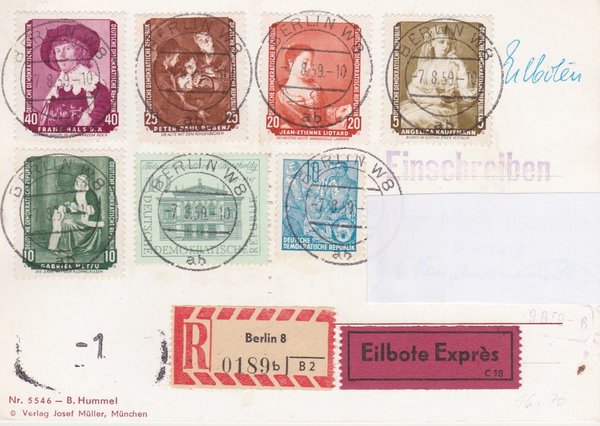DDR 578A, 676, 693-697 Satz,  Express-Einschreiben-Postkarte von Berlin W8 (Ost) - Duisburg (West)