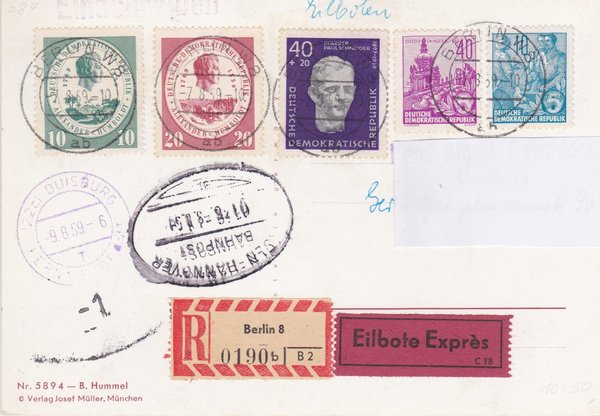 DDR 578A, 583A, 608A, 684, 685, Express-Einschreiben-Postkarte - Berlin W8 (Ost) - Duisburg (West)