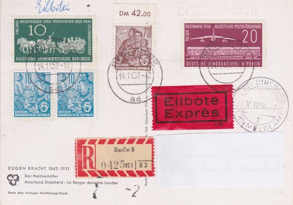 DDR 578A (2x), 585A, 660, 661, Express-Einschreiben-Postkarte - Berlin W8 (Ost) - Duisburg (West)