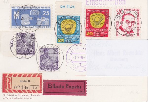 DDR 579A (2x), 671, 679, 686, 687, Expr.-Einschr.-Postkarte - Berlin W8 (Ost) - Duisburg (West)