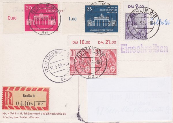 DDR 579A OR, 2x585A OR, 665, 666, Expr.-Einschreiben-Postkarte - Berlin W8 (Ost) - Duisburg (West)