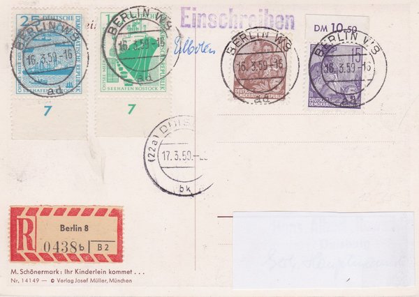 DDR 579A, 585A, 663, 664, Express-Einschreiben-Postkarte von Berlin W8 (Ost) nach Duisburg (West)
