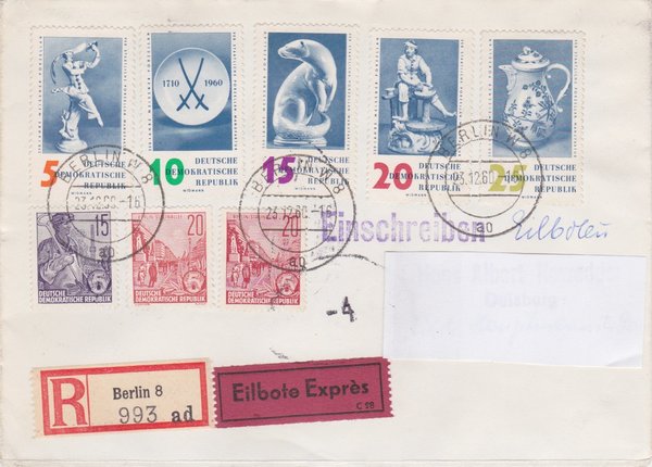 DDR 579A, 580A, 580B, 774-778 Satz, Express-Einschreiben-Brief - Berlin W8 (Ost) - Duisburg (West)