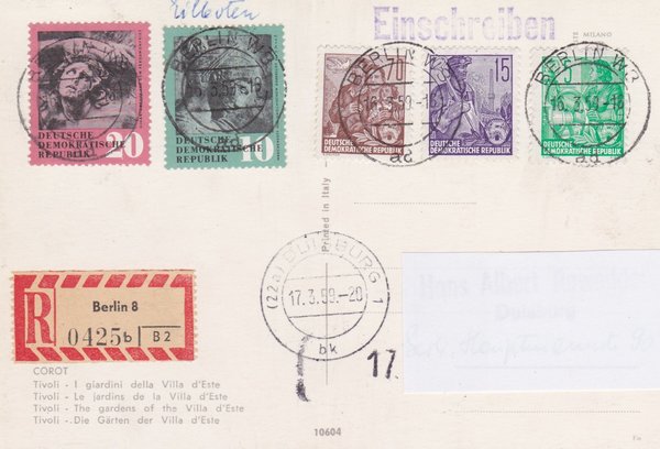 DDR 579A, 577A, 585A, 667, 668 Express-Einschreiben-Postkarte - Berlin W8 (Ost) - Duisburg (West)