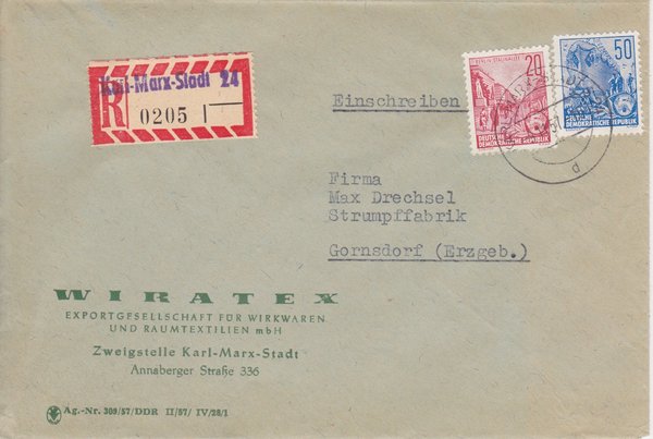 DDR 580A, 584A Einschreibebrief (EBF) Firmenpost in Karl-Marx-Stadt Amt 24, portogerecht