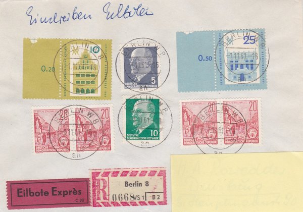 DDR 580A (4x), 843, 844, 845, 846, Express-Einschreiben-Brief - Berlin W8 (Ost) - Duisburg (West)