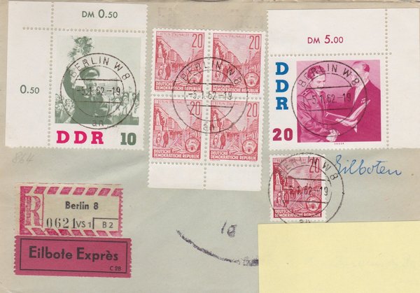 DDR 580A (4x), 580B,  864, 866, Express-Einschreiben-Brief - Berlin W8 (Ost) - Duisburg (West)