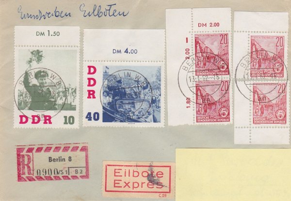 DDR 580A (2x), 2x580B, 864, 868 Express-Einschreiben-Brief - Berlin W8 (Ost) - Duisburg (West)