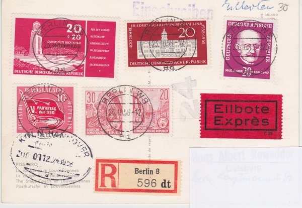 DDR 580A, 582A, 627, 633, 648, 651, Expr.-Einschr.-Postkarte - Berlin W8 (Ost) - Duisburg (West)