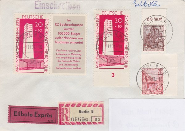 DDR 580A, 585B, 783a, 783b/ZF=WZD24, Expr.-Einschr.-Brief - Berlin W8 (Ost) - Duisburg (West)