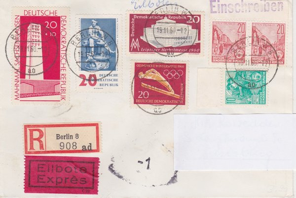 DDR 580A (2x), 704, 748, 777, 781, 783a, Expr.-Einschr.-Brief - Berlin W8 (Ost) - Duisburg (West)