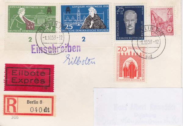 DDR 580A, 607, 634, 649, 650 Express-Einschreibe-Postkarte -  01-10-1958 - ZUM SCHADEN DER POST