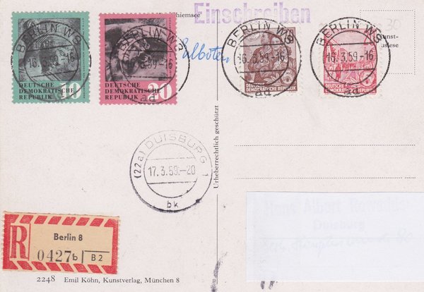 DDR 580A, 585A, 667, 668, Express-Einschreiben-Postkarte - Berlin W8 (Ost) nach Duisburg (West)