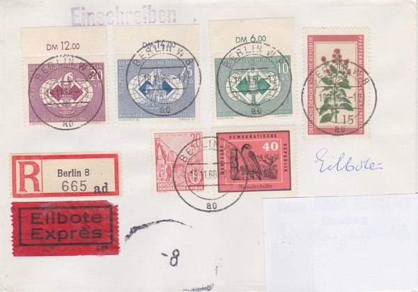 DDR 580A, 703, 759, 786-788 Satz, Express-Einschr.-Brief - Berlin W8 (Ost) - Duisburg (West)