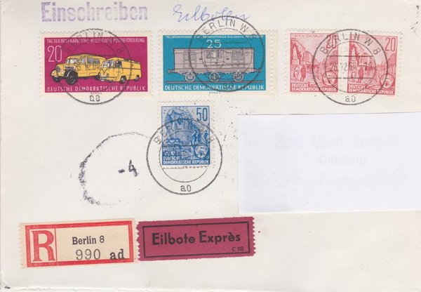 DDR 580A (2x), 584B, 789-790 Satz, Express-Einschr.-Brief - Berlin W8 (Ost) - Duisburg (West)