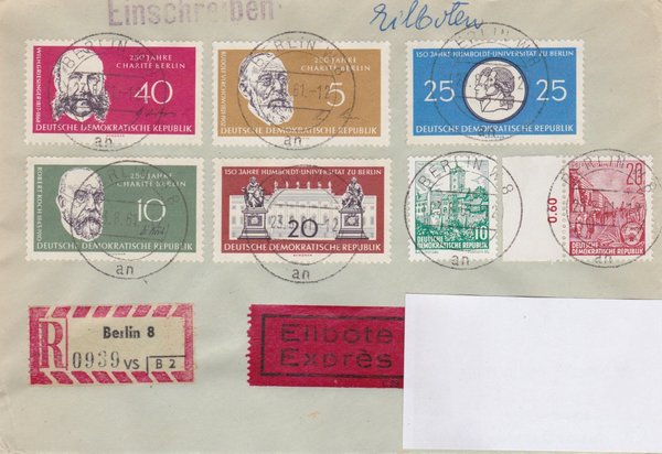 DDR 580B, 795-799 Satz, 836, Express-Einschreiben-Brief - Berlin W8 (Ost) - Duisburg (West)