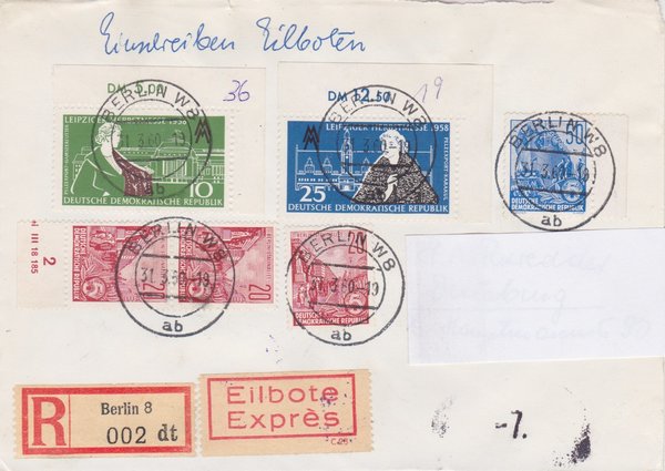 DDR 580B (3x), 584A, 649-650 Satz, Express-Einschreiben-Brief - Berlin W8 (Ost) - Duisburg (West)