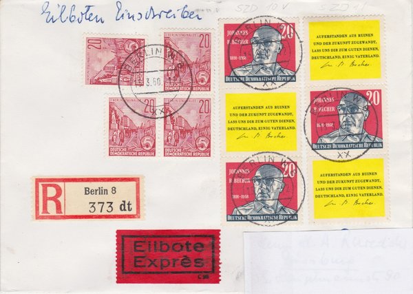 DDR 580B (4x), SZD10, SZD11, Express-Einschreiben-Brief von Berlin W8 (Ost) - Duisburg (West)