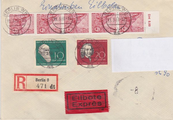 DDR 580B (5x), 631-632 Satz, Express-Einschreiben-Brief - Berlin W8 (Ost) - Duisburg (West)