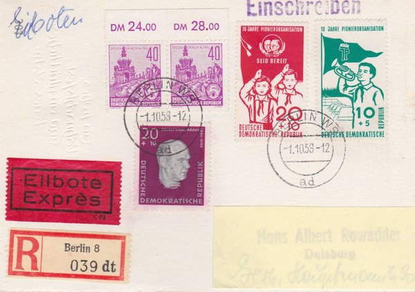 DDR 583A (2x), 606A, 645-646 Satz, Express-Einschr.-Postkarte - Berlin W8 (Ost) - Duisburg (West)