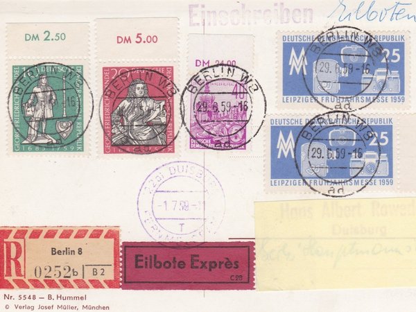 DDR 583B, 679 (2x), 682, 683, Express-Einschreiben-Postkarte - Berlin W8 (Ost) - Duisburg (West)